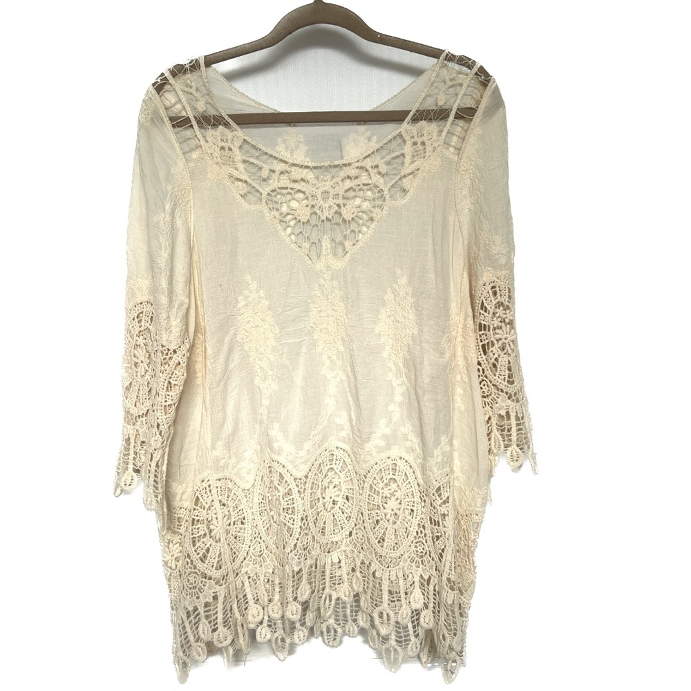 Cotton Crochet Lace Top 3/4 Sleeves One Size Round Neck Pull On Asha Mexico